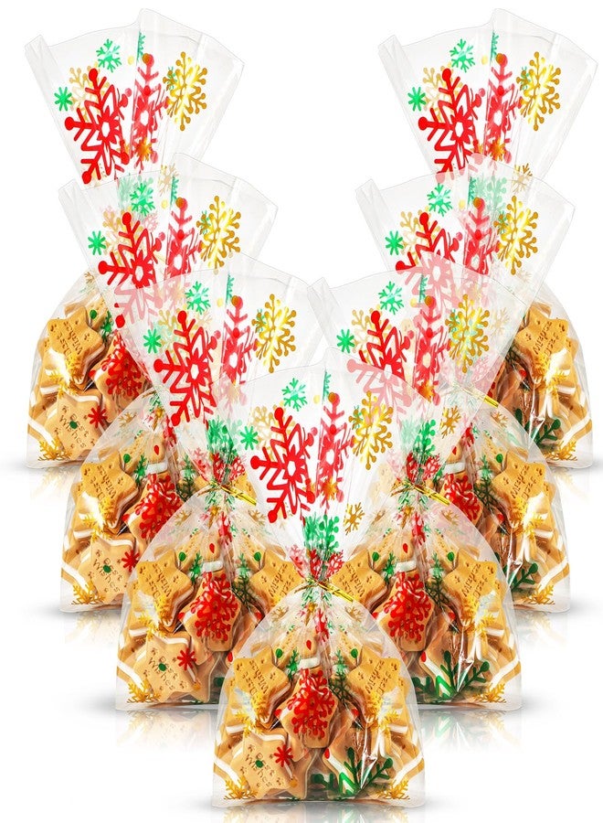 Resholder 100 Counts 28 x 13 cm Xmas Flat Clear Cellophane Treat Bags Block Bottom Storage Bags with 100 Pieces Twist Ties For Christmas Party Favor(Red Green Gold,Snowflake) - Image 1